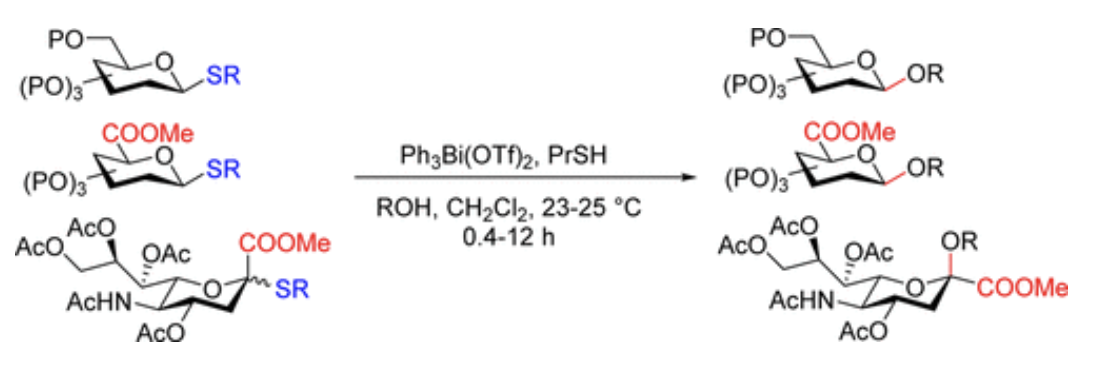 Pentavalent bismuth as a universal promoter for S-containing glycosyl donors with a thiol additive
